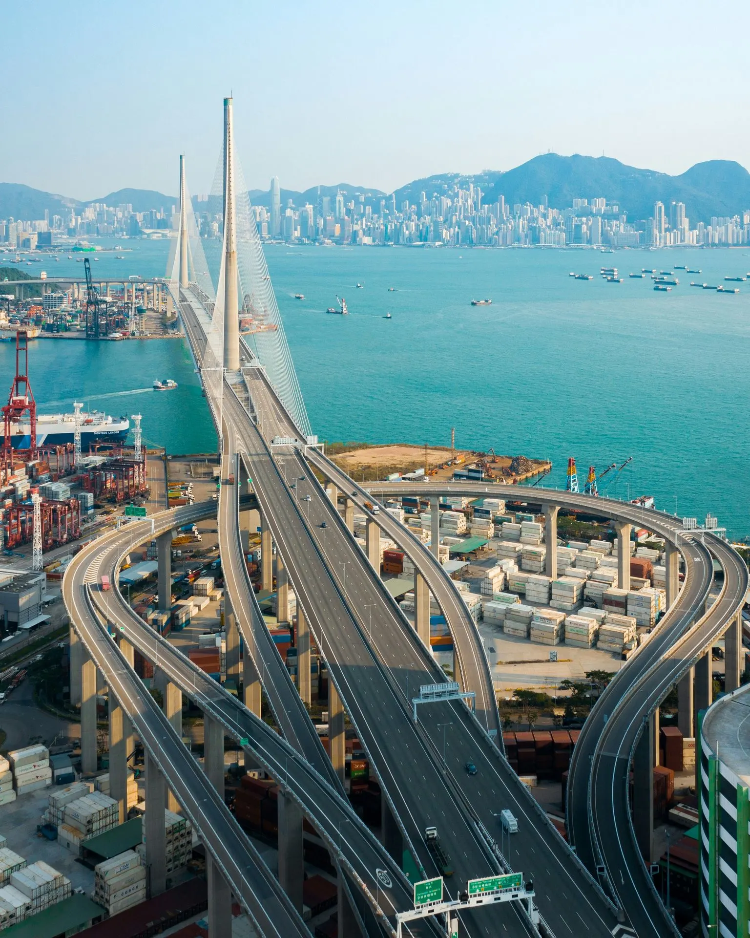 Hong Kong harbor and bridge from above